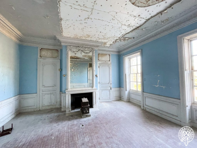 Lynnewood Hall Governess Suite, Louis XVI in style with delicate powder blue walls.