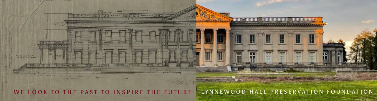 Architectural drawing of Lynnewood Hall juxtaposed with a modern view of the front facade of Lynnewood Hall in Elkins Park, Philadelphia